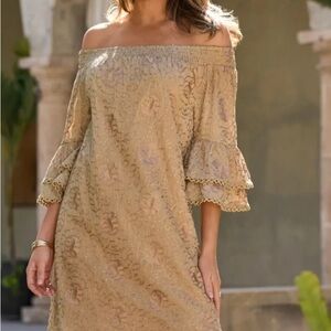 Boston Proper Beautiful Off-Shoulder Short Gold Lace Dress